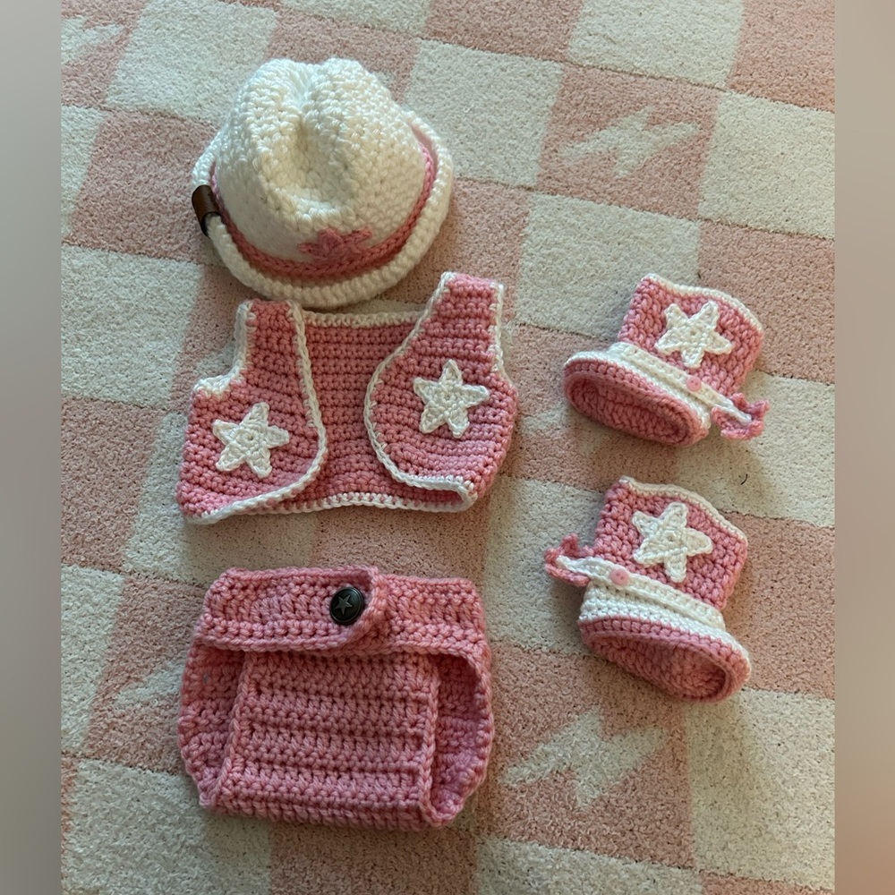 Pink and White Crochet Newborn Cowgirl Set